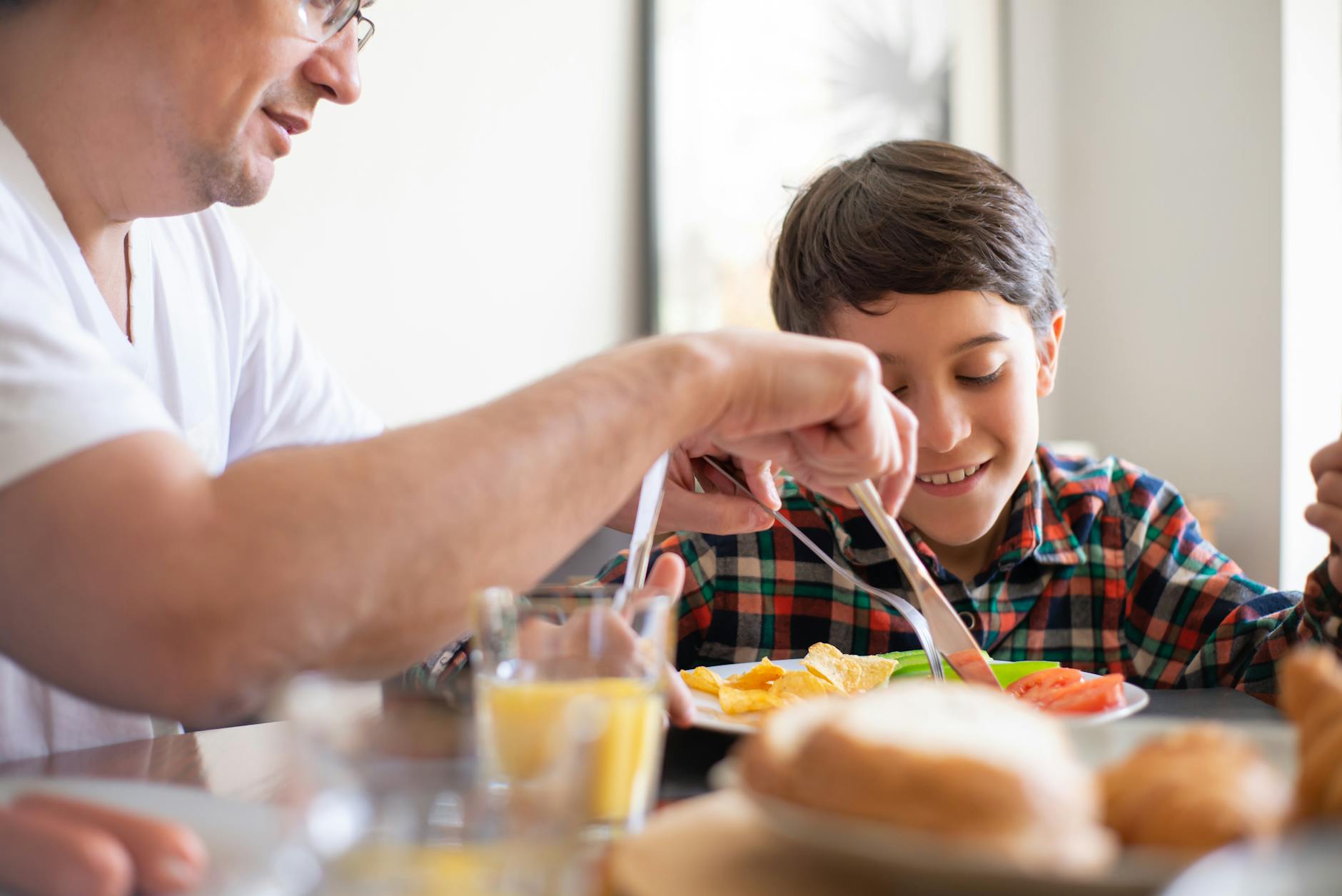 photograph of a father teaching his son table manners